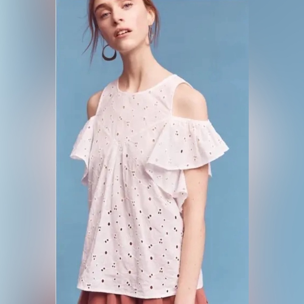 EUC Anthropologie Maeve White Eyelet Cold Shoulder Ruffle Blouse Size Small